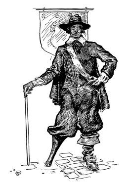 Knickerbocker gibi tek bir bacak, vintage çizgi çizme veya oyma illüstrasyon sopa görünümü ile duran bir adam kafasına şapka ile bu sahne gösterir