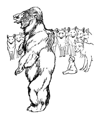 Bir ayı ve kurt, Grup yere kurt, vintage çizgi çizme veya oyma illüstrasyon yakın oturan bebek