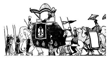 Bir fil üzerinde oturmuş bir kral ve at üzerinde oturan bazı askerler bu sahneyi bir hikaye rüstem, gösterir, bazı asker yürüme, vintage çizgi çizme veya oyma illüstrasyon 