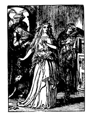 Deli Ophelia, bu sahnede bir kadın ayakta ve çiçekler elinde tutan ve bir adam arkasında, ona kafa, vintage çizgi çizme veya oyma resimde elinde tuttu gösterir