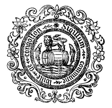Bir pazar kasaba ve İngiltere'nin Belediye borough hangi aslan olduğunu varil su üzerinde yüzen ve iki balıklar varil, vintage çizgi çizme righ ve sol taraftan atlama veya illüstrasyon oyma stading, bir varil olduğunu