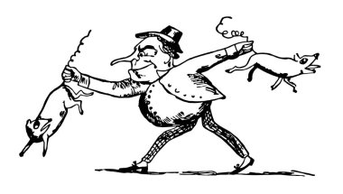 Edward Lear, bu sahneyi şapkalı bir adam baş yürüyüş ve eller, vintage çizgi çizme veya oyma resimde iki domuz tutarak gösterir
