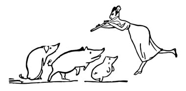 Edward Lear, flüt çalmaya bir bayan bu sahne gösterir ve onun önünde duran üç domuz vintage satır çizim veya gravür illüstrasyon