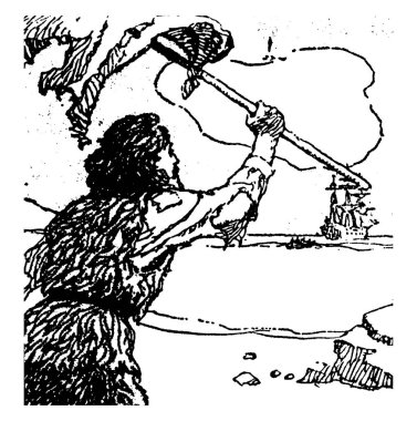 Adventures of Alexander Selkirk, bir adam kıyısında gösterilen bazı sevk etmek, sinyal ve deniz, erkekler ve arka plan, vintage çizgi çizme veya oyma illüstrasyon gemi yelken yön yukarı bir elinde sopa benziyor holding ayakta 