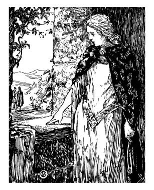 Pencere, iki kişi ve arka plan, vintage çizgi çizme veya oyma resimde dağda yakınındaki bir kadın ayakta