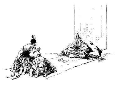 Bir PIN seç için değil, bir adam oturuyor ve onu, vintage çizgi çizme veya oyma illüstrasyon önünde diz üstünde üç adam eğdi bu sahne gösterir