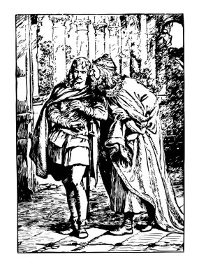 Claudius ve Laertes, bu sahneyi bir adam başka bir adamla onun kulak, vintage çizgi çizme veya oyma illüstrasyon gizli söylüyor gösterir