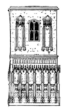 Gölgelik kalıplama projelendirme, kemerler, Gotik nişler, vintage çizgi çizme veya oyma illüstrasyon başkanları çevreleyen.