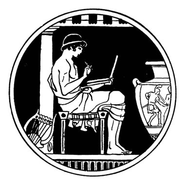 Bir Atinalı gençlik eğitim ya da Atina, çocuk, Yunanistan, okul, derslik, vintage çizgi çizme veya oyma illüstrasyon okul.