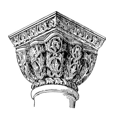 Impost Cap, St. Apollinare, Nuovo, Ravenna, kapsamlı, lacey, sepet, oyma, vintage çizgi çizme veya oyma illüstrasyon.