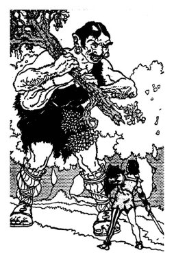 Ağaç elinde ve kılıç ve önünde duran, vintage çizgi çizme veya illüstrasyon oyma kalkan küçük adam tutarak bir dev adam