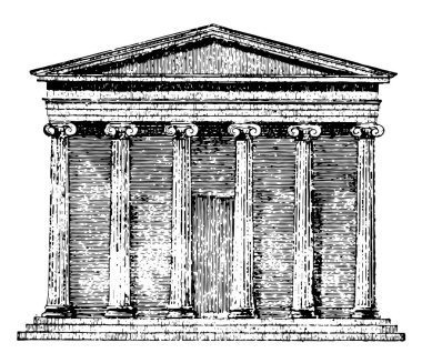 İyonik Hexa-prostylos, yükseklik, bir veranda, önde gelen bir binanın girişinde bir colonnade, vintage çizgi çizme veya oyma illüstrasyon olarak genişletilmiş.