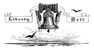 Liberty Bell, bu mührü vardır özgürlük çanı deniz kıyısında ve uçan kuşlar, Özgürlük Çanı'yazılı mühür, vintage çizgi çizme veya oyma illüstrasyon 