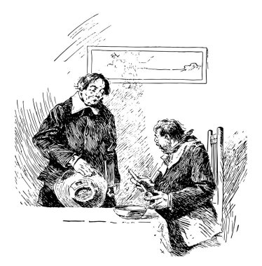Knickerbocker bu sahneyi yemek masada oturma ve yemek, onun yanında duran ve onu, vintage çizgi çizme veya oyma illüstrasyon konuşmak başka bir adam bir adam gösterir.