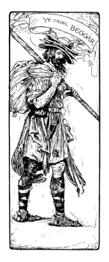 Zalim dilenci Sherwood Ormanı, isim önermek sırt ve kafa, vintage çizgi çizme veya oyma illüstrasyon şapkasını zalim dilenci sopa ve çantası ile bu resim gösteriyor