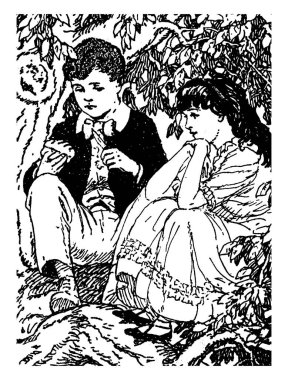 Maggie Tulliver, bir ağaç ve bir şey bıçak, vintage çizgi çizme veya oyma illüstrasyon ile kesme çocuk altında oturan kız ve erkek bu sahne gösterir