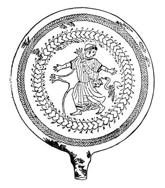 Bronz ayna ayna türü bulundu arkeologlar, vintage çizgi çizme veya oyma illüstrasyon tarafından vardır.