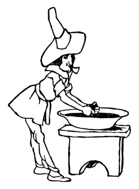 Bir adam bir şey her tablo, vintage çizgi çizme veya oyma illüstrasyon muhafaza kase yapma