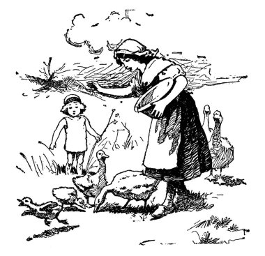 Besleme ördekler ve holding kase bir kadın vintage onun yanında duran bir çocuk çizgi çizim veya illüstrasyon oyma