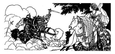 Kılıç, kılıç havada, onlara, bakmak at sürme bir kadın ile mücadele iki at binici vintage satır çizim veya gravür illüstrasyon