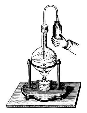 Bir tüp ve kavanoz ile açık alev üzerinde ısıtmalı bir şişesi bağlı, vintage çizgi çizme veya oyma illüstrasyon.