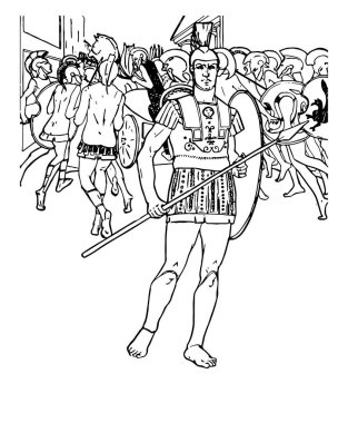 Hector, bu sahneyi tutarak ellerinde mızrak, kalkan ve mızrak arka plan, vintage çizgi çizme veya oyma illüstrasyon başkalarıyla zırh giymiş bir adam gösterir.