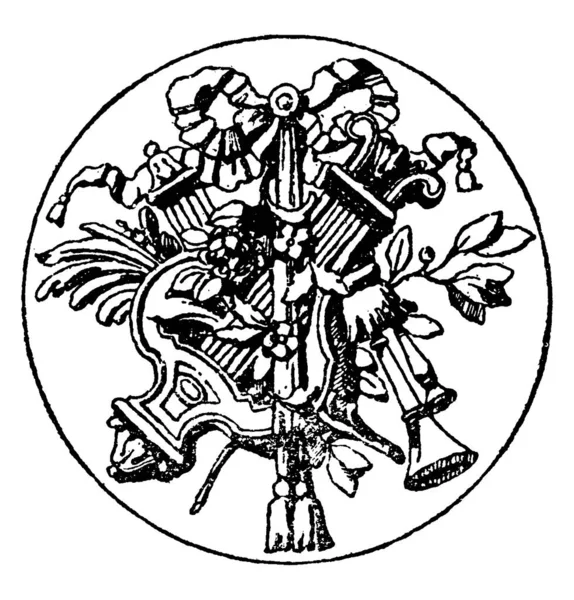 Nowoczesny Medalion Rzeźbiarza Lehra Berlina Wygrawerowanymi Nim Instrumentami Muzycznymi Liśćmi — Wektor stockowy