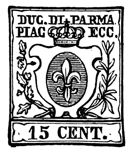 1857年至1859年的帕尔马邮票 15Centesimi 粘贴在上面的一张小胶粘纸上 上面印有一笔钱款 老式线条或雕刻图解 — 图库矢量图片