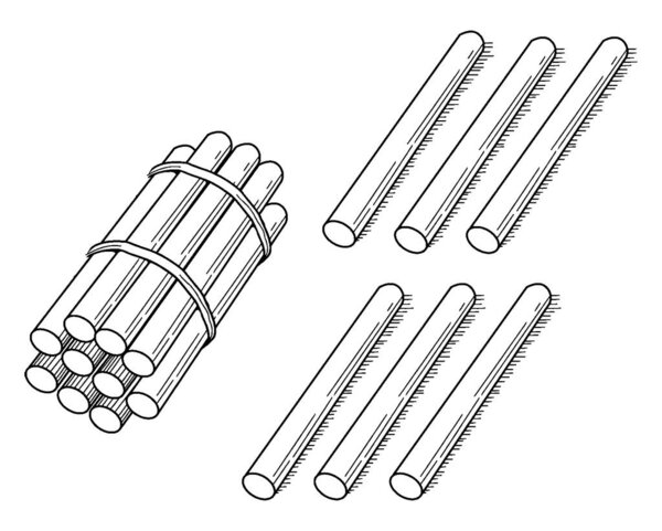Типичное представление связки из 16 палочек, упакованных в десятки, которые могут быть использованы при учении подсчета, группировки и стоимости места, рисования винтажных линий или гравировки иллюстраций
.