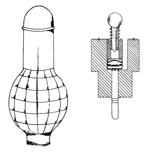 手榴弹有三个部分 一个柠檬形 锯齿状 铸铁体 一个特殊的点火器固定在手榴弹衣领上的三个木制销和装药 复古线条绘图或雕刻插图 — 图库矢量图片