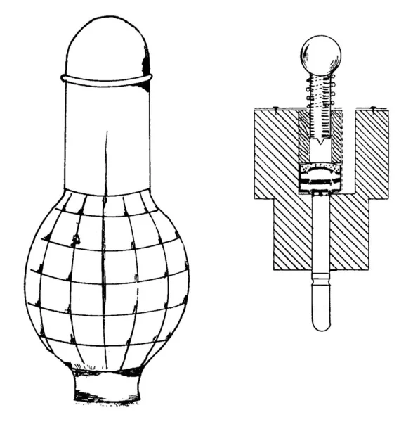 Grenade Met Drie Delen Een Citroenvormige Gekartelde Gietijzeren Body Een — Stockvector