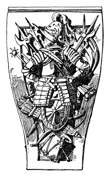 德国普福尔茨海姆一个侯爵纪念碑的基座 它的背面刻有像弓箭一样的装饰图案 背面刻有像士兵一样的人 看着他左边的老式线条或雕刻的插图 — 图库矢量图片