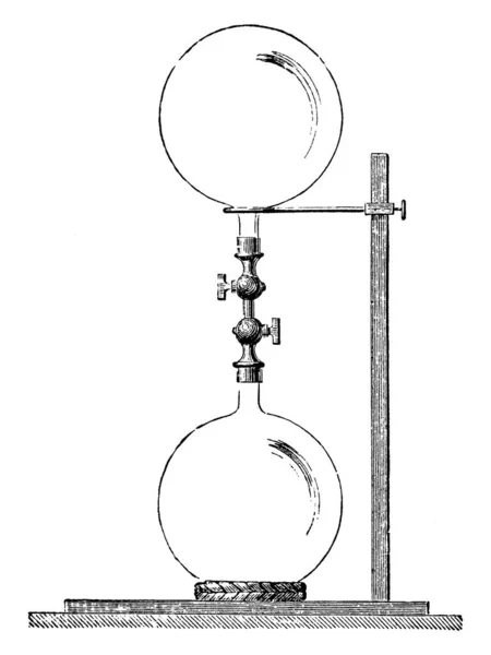 Dos Recipientes Esféricos Conectados Espalda Espalda Unidos Soporte Madera Vertical — Vector de stock