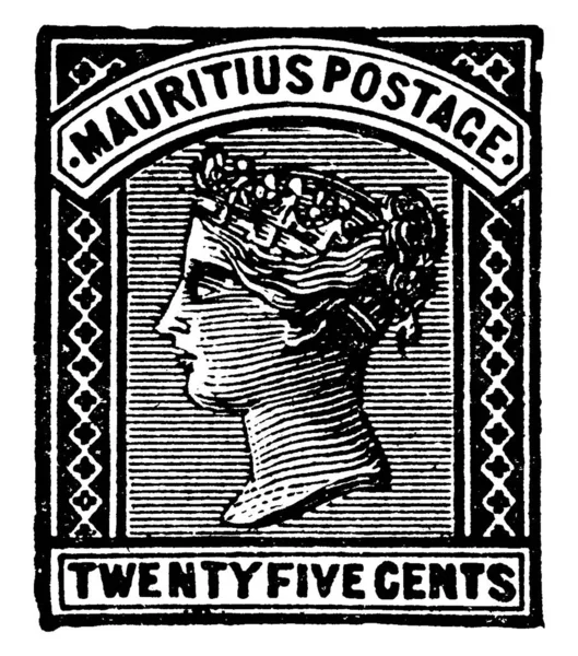 1880年に発行されたモーリシャス切手 25セント 小さな接着剤の紙が切手 ヴィンテージラインのドローイング またはイラストを彫ることを中心にお金を支払う金額を示すために何かに貼られていました — ストックベクタ