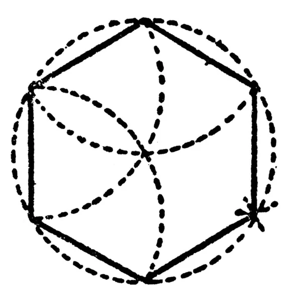 円の中に六角形を構築する方法を示すイラスト 円の半径は六角形の側面 ヴィンテージライン図面や彫刻イラストに等しいです — ストックベクタ