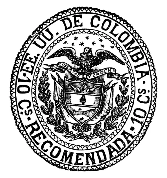 从1881年开始 哥伦比亚共和国的邮票 10个半人马 贴在上面的一张小胶粘纸上 上面贴有一笔钱 上面画的是老式线条或版画插图 — 图库矢量图片