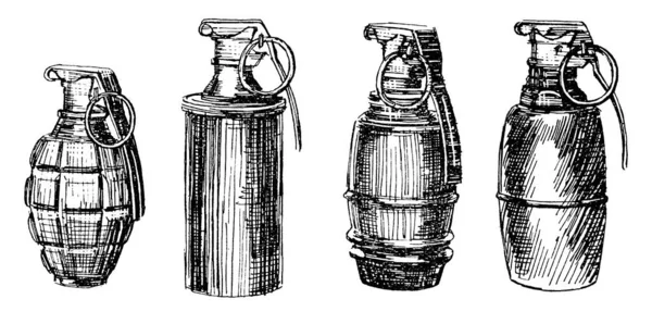 グレネード グレネード 手で投げられた爆発物を含む小さな対人兵器で 短時間で爆発し ヴィンテージの線画や彫刻のイラストを描く — ストックベクタ