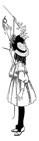 Малюнку Зображена Маленька Дівчинка Носить Капелюх Замок Стукає Двері Мідним — стоковий вектор