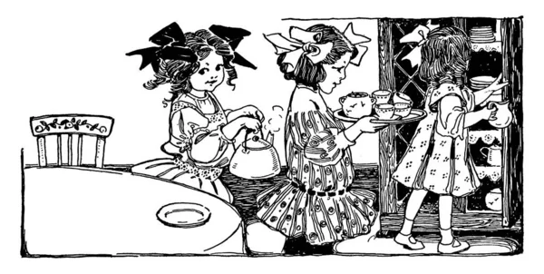 Cuatro Chicas Cocina Limpian Después Una Fiesta Mostrando Tres Tamaños — Archivo Imágenes Vectoriales