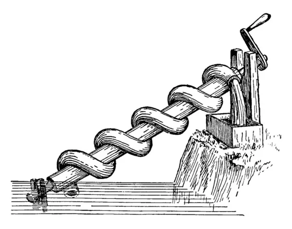 아르키메데스 Archimedean Screw Screw Pump 물에서 도랑으로 옮기는 장치이다 — 스톡 벡터