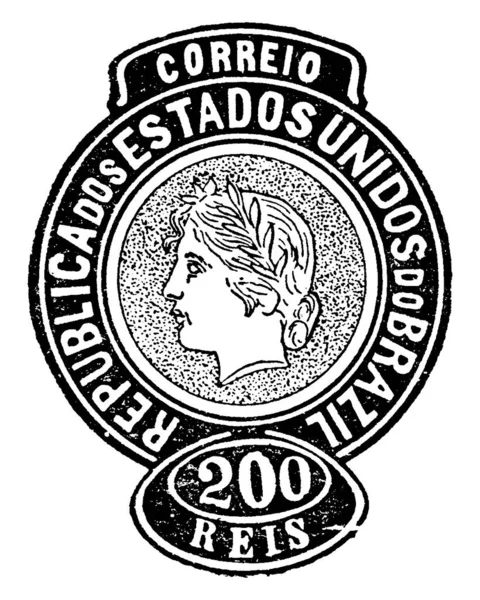 从1893年开始 巴西信封 200雷亚尔 上贴了一张小胶粘纸 上面印着一笔钱 主要是邮票 老式线条画或版画插图 — 图库矢量图片