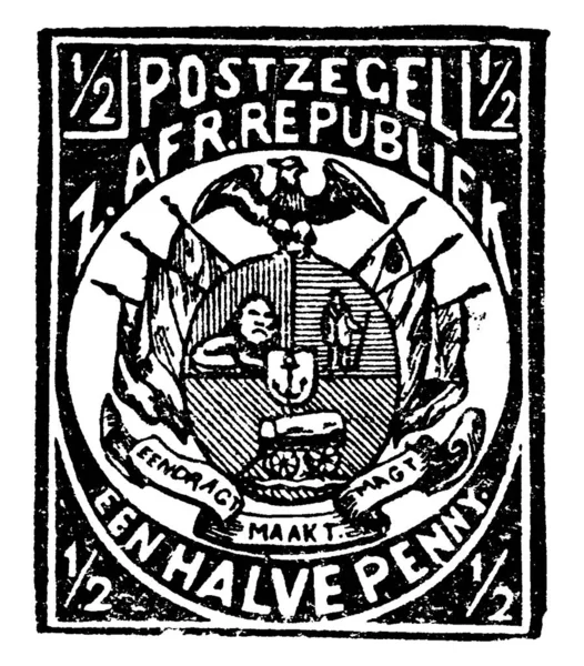 从1885年开始 南非邮票 一便士半 粘贴在上面的一张小胶粘纸 上面印着一笔钱 一张老式线条或一幅版画 — 图库矢量图片