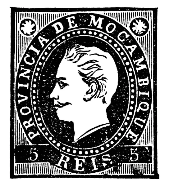 1886年 明治19年 から発行されたモザンビーク切手 切手やヴィンテージ線画 挿絵を彫るなどのお金を払うために小さな接着剤が貼られていた — ストックベクタ