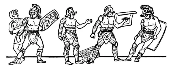 Imagen Representa Cuatro Gladiadores Romanos Con Armadura Dibujo Línea Vintage — Archivo Imágenes Vectoriales