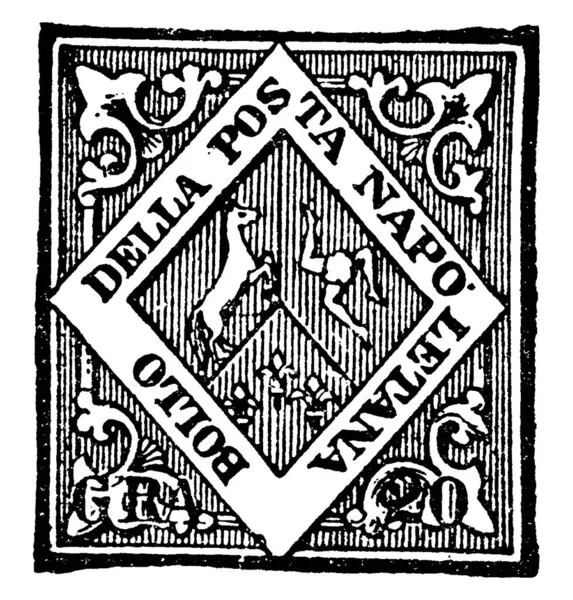 从1857年开始发行的两张西西里邮票 20格朗 贴在上面的一张小胶粘纸上 上面印着一笔钱 主要是邮票 老式线条画或版画插图 — 图库矢量图片