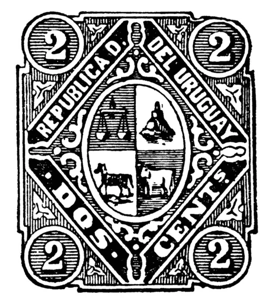 从1883年开始发行的乌拉圭邮票 2张纪念邮票 粘贴在上面的一张小胶粘纸上 用以显示所付的钱 主要是邮票 老式线条图画或版画插图 — 图库矢量图片