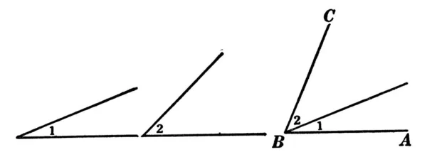 一个说明角度1和角度2之和是角度Abc的例子 在三个不同的图像中 老式线条绘图或雕刻插图 — 图库矢量图片