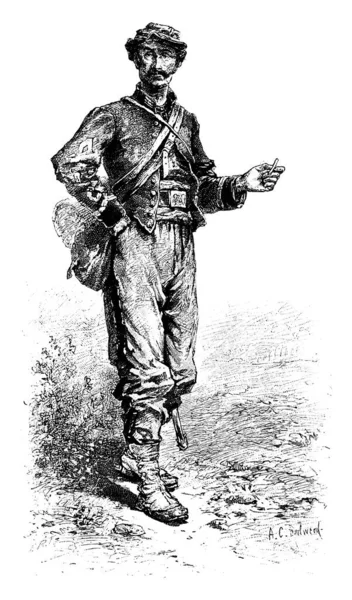 早期身份不明的士兵手里拿着一支香烟的全长肖像画 复古线条画或雕刻插图 — 图库矢量图片