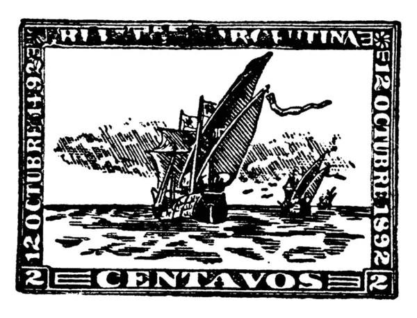 1892年至1892年10月12日的阿根廷共和国百年邮票 两个半人马 粘贴在上面的一张纸片 上面印有支付的钱 老式线条或版画插图 — 图库矢量图片