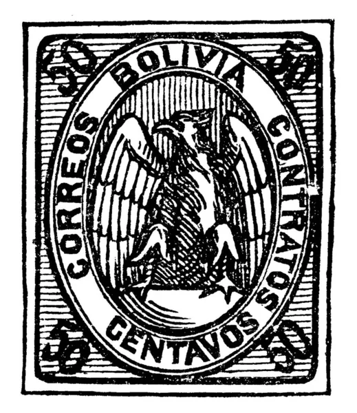 从1867年开始 玻利维亚邮票 50个半人马 粘贴在上面的一张小胶粘纸上 上面印着一笔钱 主要是邮票 老式线条画或版画插图 — 图库矢量图片